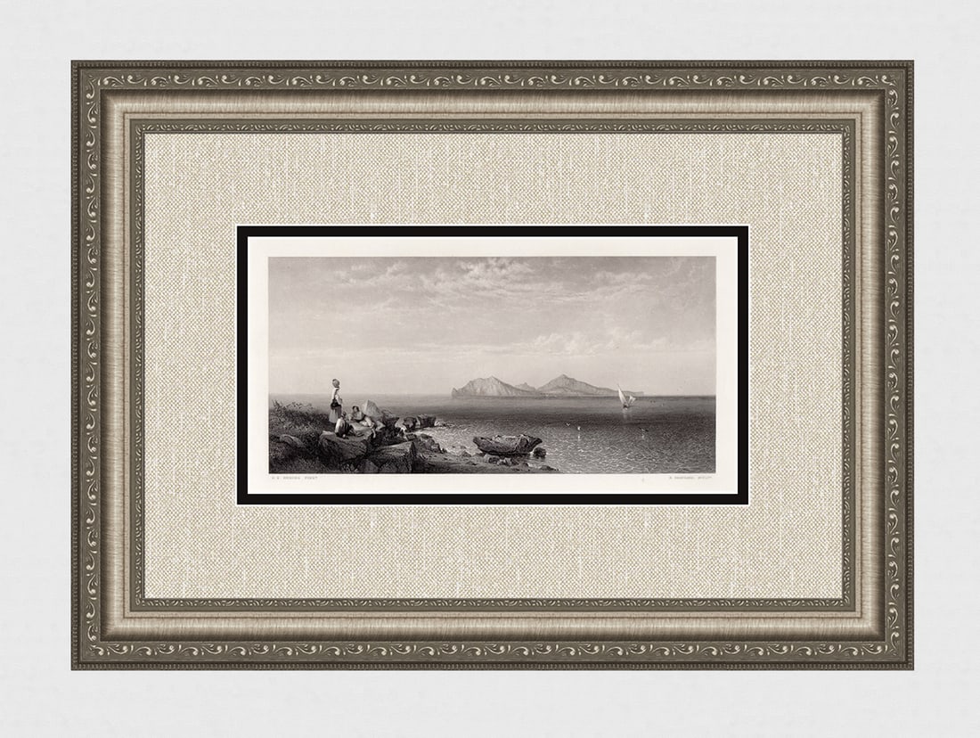 George Edwards HERING 1856 Engraving Capri SIGNED Framed: George Edwards Hering (English, 1805-1879). Capri. Antique engraving on wove paper after the original by master engraver Robert Brandard (English, 1805-1862). Year: 1856. Signed in the plate, lower le