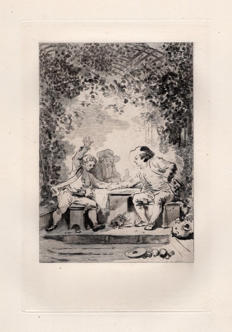 Jean-Honore FRAGONARD 1800s Etching LES TROQUEURS Limited Framed: Jean-Honore Fragonard (French, 1732 - 1806). The Barterers (Les Troqueurs) (from Conte de La Fontaine). Antique etching on laid paper after the original by master engraver Adolphe Martial Potemont (Fr