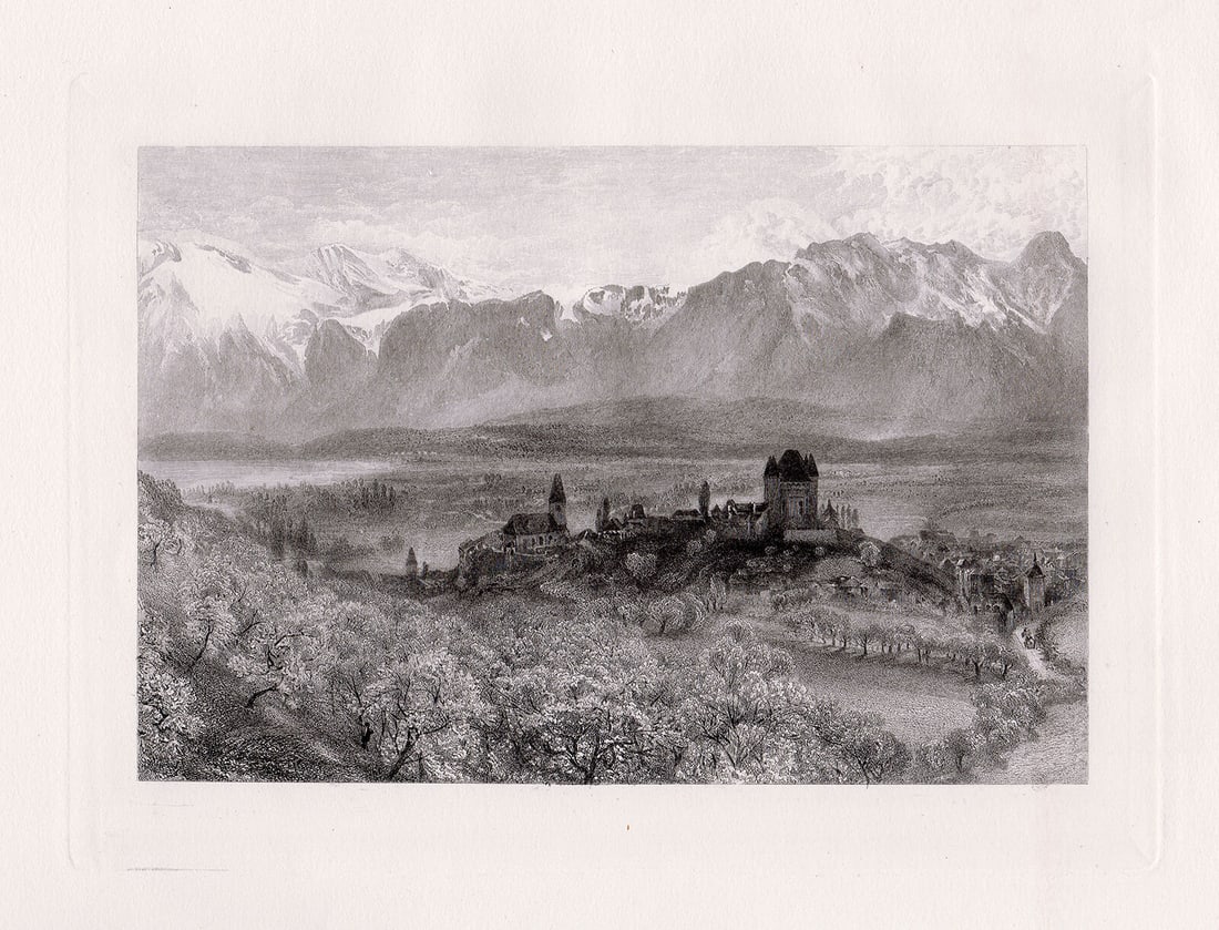 1800s ALFRED HUNT Engraving "View of Thun Castle, Switzerland" Framed: Alfred William Hunt (English,1830-1896). Thun. Antique engraving on wove paper after the original watercolor by master engraver Edward Paxman Brandard (British, 1819-1898). Year: 1885. Image size 6 x 