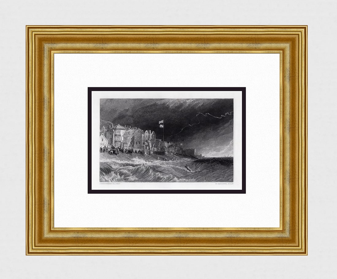 1800s JMW TURNER SIGNED Engraving Coastal view in a Storm Framed: Joseph Mallord William Turner (English, 1775-1851). Deal, Kent. Antique engraving on wove paper after the original by master engraver William Radclyffe (British, 1783-1855). Year: 1878. Signed in the 