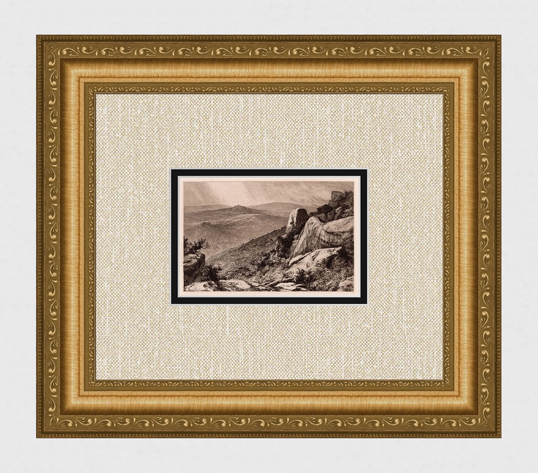 Alfred Dawson Lustleigh Cleave, Dartmoor 1889 etching: Alfred Dawson. (British, 1843-1931). Lustleigh Cleave, Dartmoor. Original copper plate etching on thick wove paper. 1889. Excellent. Image size 3 1/2 x 5 1/2 inches. Approximately 12 x 14 inches. This
