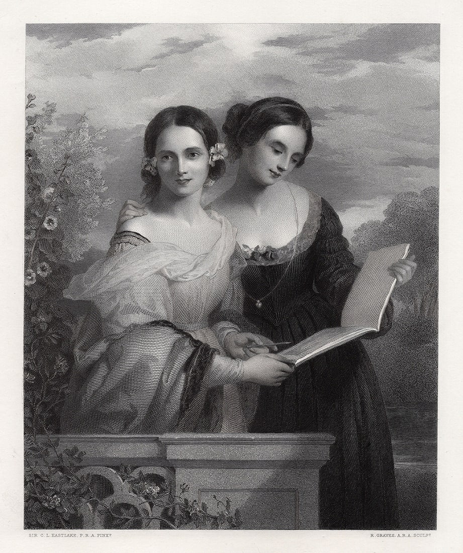 1800s Charles Lock Eastlake Engraving SISTERS ON THE TERRACE Framed Signed (1 of 3)