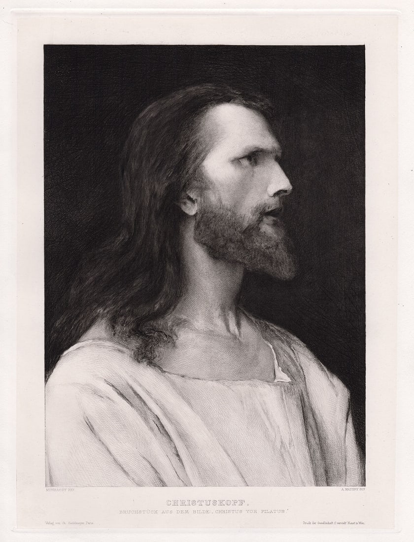 Mihaly Munkacsy Christ 1887 etching signed: Mihaly Munkacsy. (Hungarian, 1844-1900). Christuskopf (Head of Christ). Hand pulled copper plate etching on wove paper after the original oil on canvas by master etcher Armand Mathey-Doret (French, 18