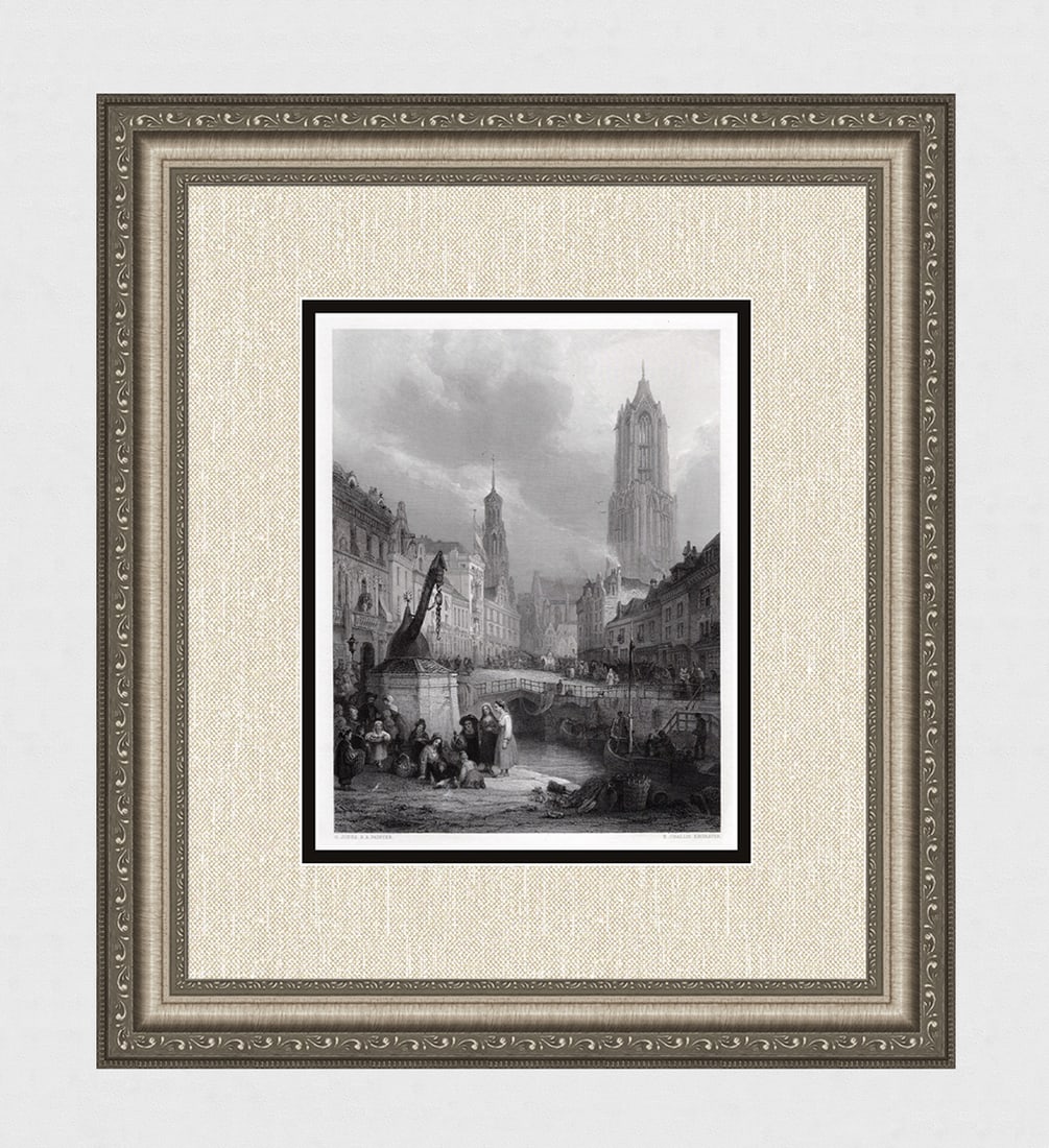 1800s George Jones Engraving "Utrecht Cityscape" Framed SIGNED: George Jones (British, 1786 - 1869). Utrecht. Antique engraving on wove paper after the original oil painting by master engraver James Baylie Allen, (English, 1803 - 1876). Signed in the plate. Year: 