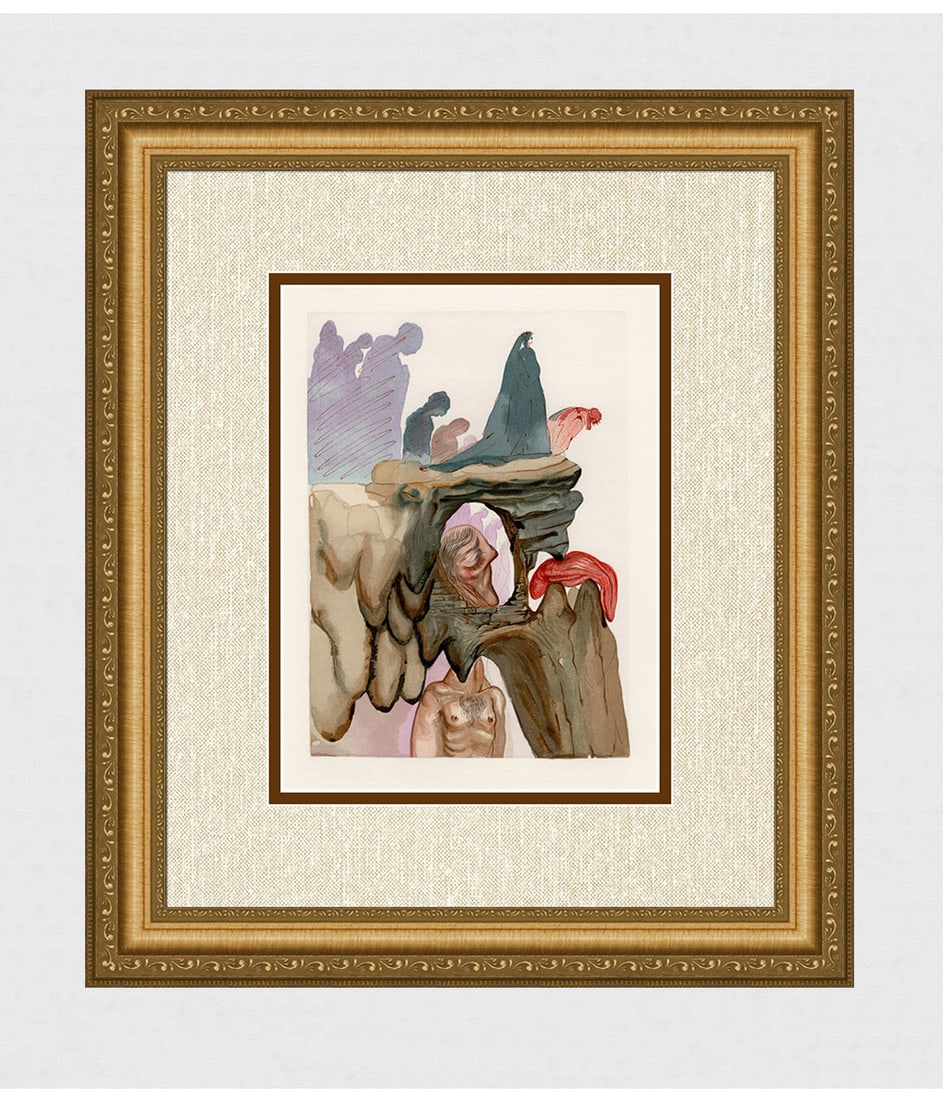 1960 Salvador Dali Liars Authentic Woodcut: Salvador Dali. (1904-1989). "The Prevaricators" Enferno Canto 22. Authentic Original Color Woodcut from The Divine Comedy Printed in 1960 on B.F.K. Rives Paper ( this is not a reproduction, copy, or r