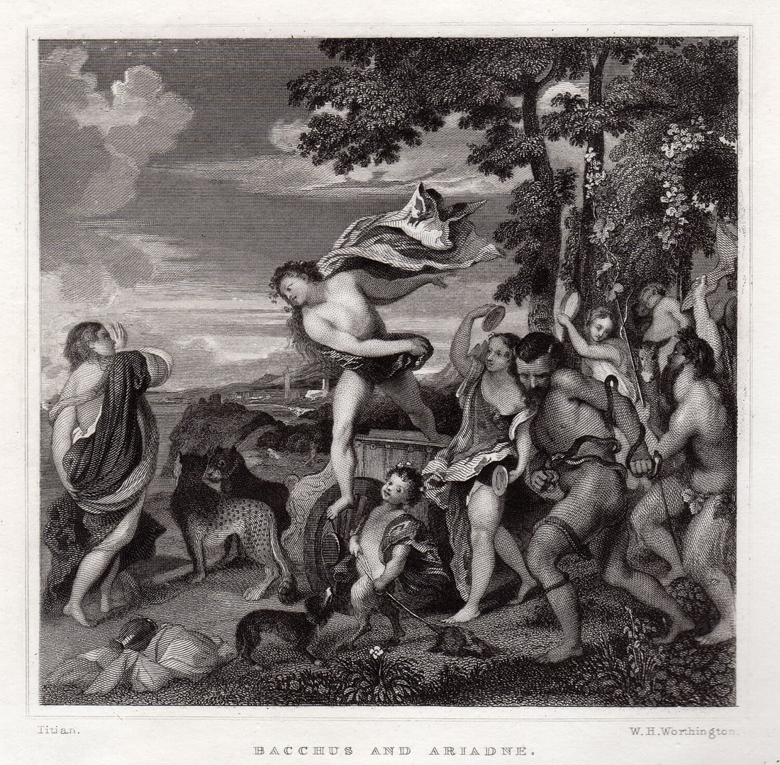 Titian Bacchus and Ariadne 1834 Engraving Signed: Titian. Bacchus and Ariadne. Antique steel engraving on wove paper after the original oil on canvas by master engraver William Henry Worthington (1795-1839). 1834. Signed in the plate. Image Size - 4 