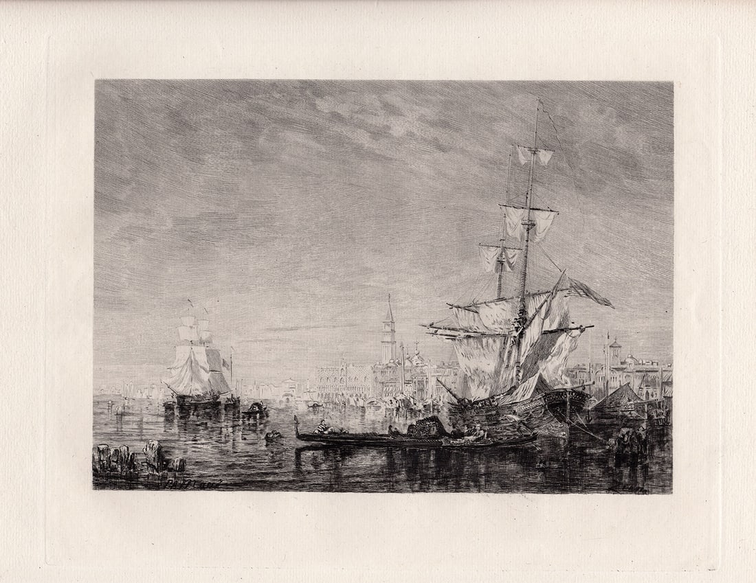 Felix Ziem Venice 1885 etching: Felix Ziem. (French, 1821 -1911). "Venice". Hand Pulled copper plate etching on laid paper after the original by master etcher A. Masse. 1885. Signed in the plate. Excellent. Approximately 18 x 21 inc