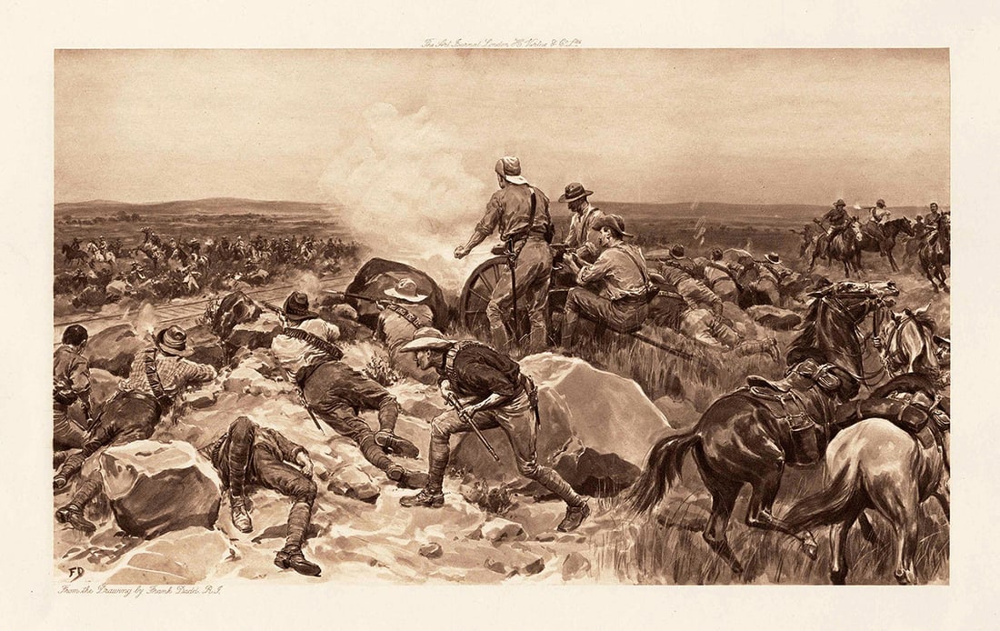 Frank Dadd RA 1900 Antique Print Colonel Plumer Framed Signed: Frank Dadd R.A. (British, 1851 - 1929). Colonel Plumer's Attempt to relieve Mafeking from the North. Antique heliogravure on wove paper after the original drawing by a master engraver. Signed in the p