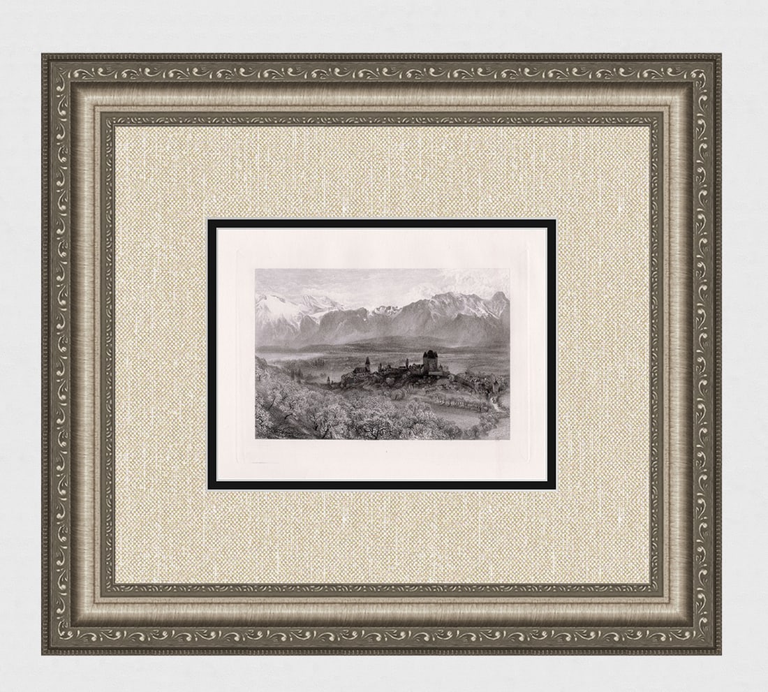 Alfred William Hunt View of Thun 1885 engraving Framed: Alfred William Hunt. (English,1830-1896). Thun. Antique engraving on wove paper after the original watercolor by master engraver Edward Paxman Brandard (British, 1819-1898). 1885. Excellent. Image siz