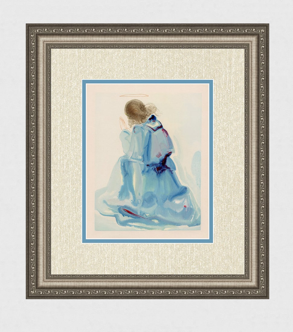 1960 Salvador Dali Angel Authentic Woodcut: Salvador Dali. (1904-1989). "The Angel" Paradise Canto 2. Authentic Original Color Woodcut from The Divine Comedy Printed in 1960 on B.F.K. Rives Paper ( this is not a reproduction, copy, or reprint, 
