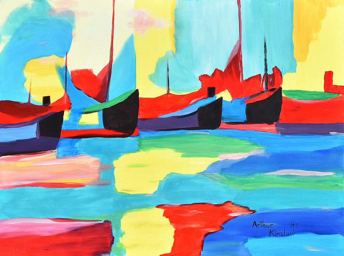 Arthur Kinslow Original Painting In Port 30 x 40 Inches: Arthur Kinslow ( American, 1955 - ) In port. Original Acrylic on Canvas.Signed by the artist lower center. Canvas Size 30 x 40 inches. Arthur Kinslow has been involved in art his entire life and belie