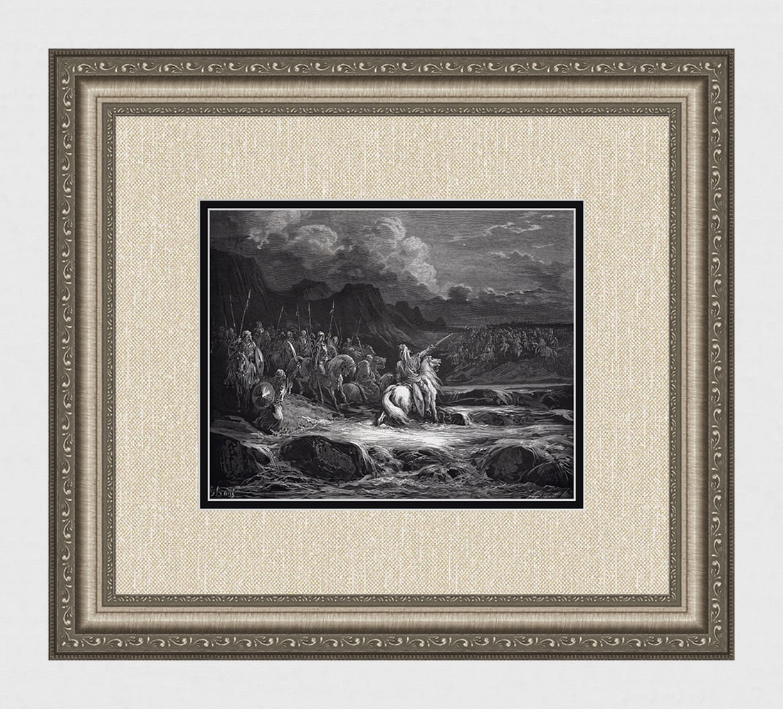FRAMED 1800s Gustave Dore Religious Woodcut Judas Pursues Timotheus SIGNED: Gustave Dore (Paul Gustave Louis Christophe Dore) (French, 1832-1883). Judas Maccabeus Pursues Timotheus (from Dore's Bible). Antique woodcut wove paper after the original by a master wood engraver