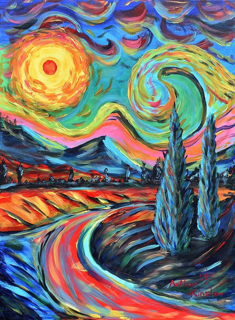 Arthur Kinslow Orginal Landscape Painting Van Gogh Dreams30 x 40 Inches: Arthur Kinslow ( American, 1955 - ) Van Gogh Dreams. Original Acrylic on Canvas.Signed by the artist lower center. Canvas Size 30 x 40 inches. Arthur Kinslow has been involved in art his entire life a
