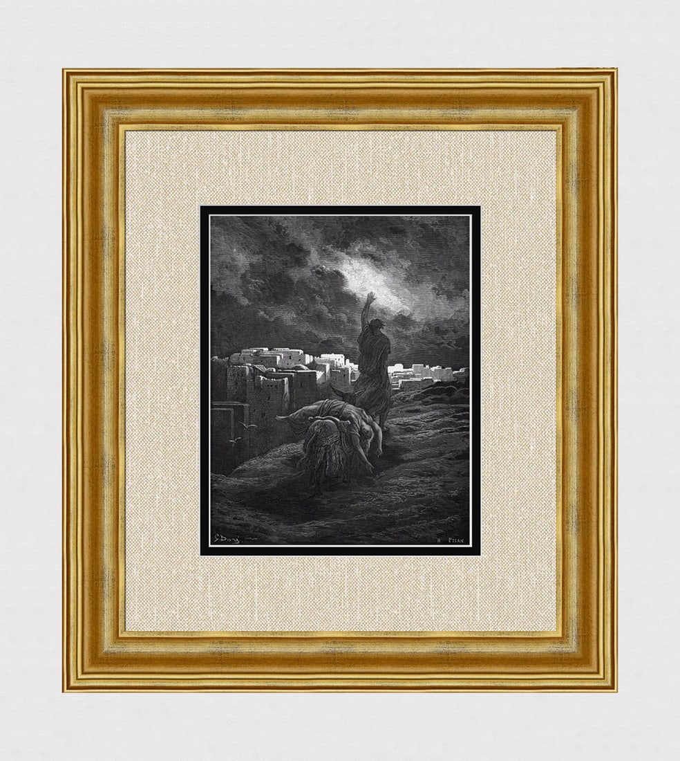 FRAMED 1800s Gustave Dore Religious Woodcut The Levite & His Concubine SIGNED: Gustave Dore (Paul Gustave Louis Christophe Dore) (French, 1832-1883). The Levite carries the Woman's Body away (From Dore's Bible). Antique woodcut wove paper after the original by a master wood