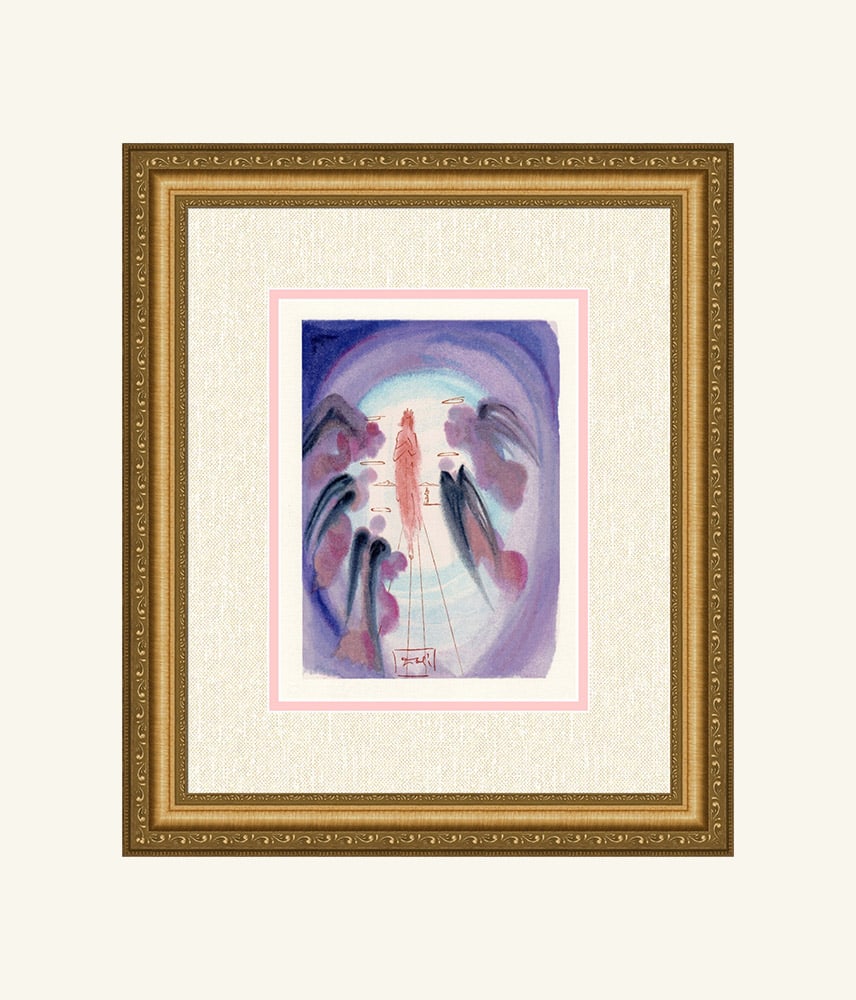 Salvador Dali 1960 Woodcut Joy of Blessed Signed Framed: Salvador Dali. "The Joy of the Blessed" Paradise Chant 24. Authentic Original Color Woodcut from The Divine Comedy Printed in 1960 on B.F.K. Rives Paper ( this is not a reproduction, copy, or reprint,