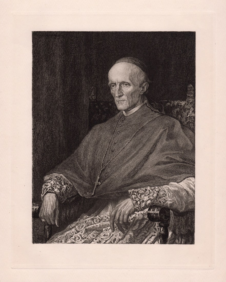 George Watts Cardinal Manning 1890 etching: George Frederick. Watts. "Cardinal Manning". Antique etching on thick wove paper after the original by master etcher G. W. Rhead. 1890. Excellent. Image size 7 7/8 x 10 inches. Framed dimensions appro