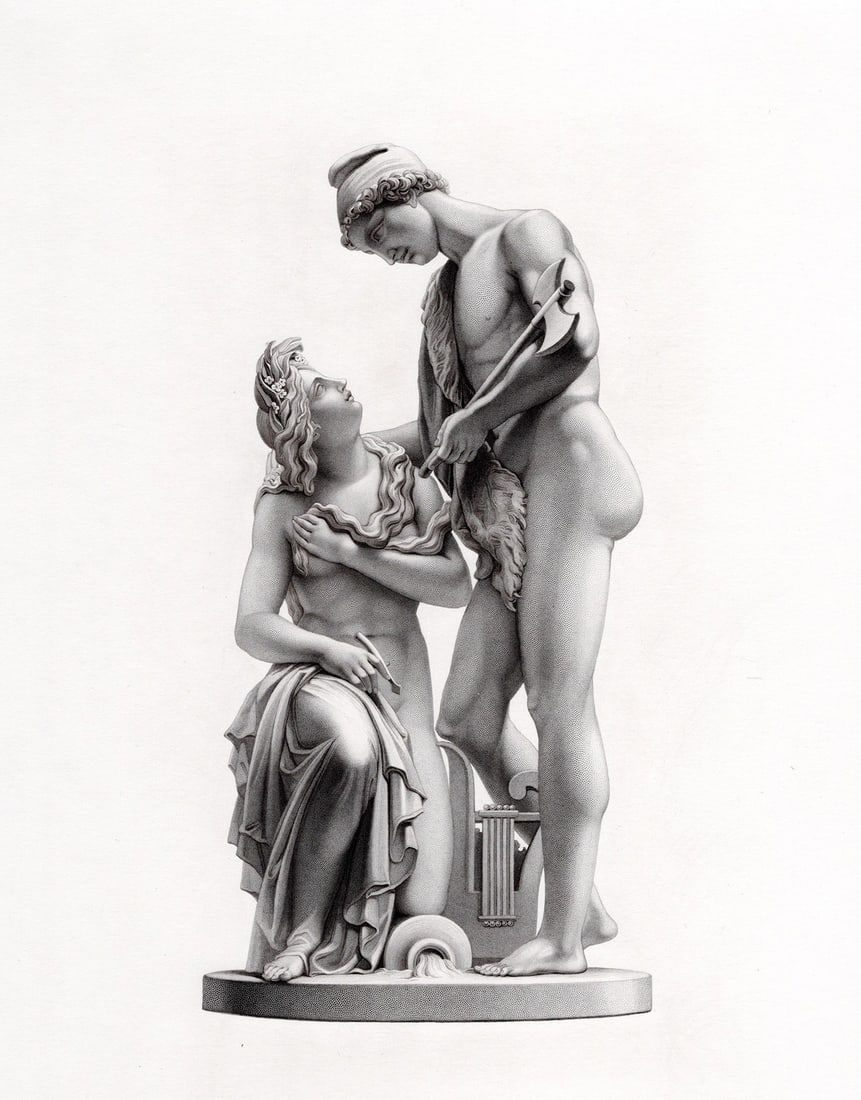 Ludwig Michael Schwanthaler 1800s Engraving "Woodland Couple" Framed: Ludwig Michael Schwanthaler, later ennobled as Ritter von Schwanthaler (German, 1802 - 1848). The Woodman. Antique engraving on wove paper after the original by master engraver Edwin Roffe (British,