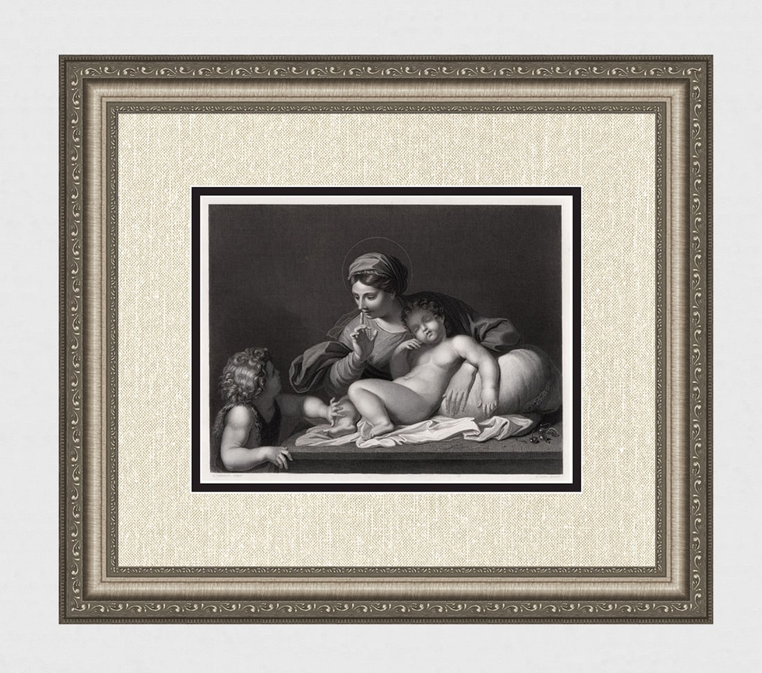 1800s CARRACCI Engraving Silence or the Madonna del Silenzio FRAMED SIGNED: Annibale Carracci (Italian, 1560-1609). Silence. Antique engraving on wove paper after the original by master engraver Gustave L?vy (French, 1819-1894). Signed in the plate. Year: 1855. Image size 8