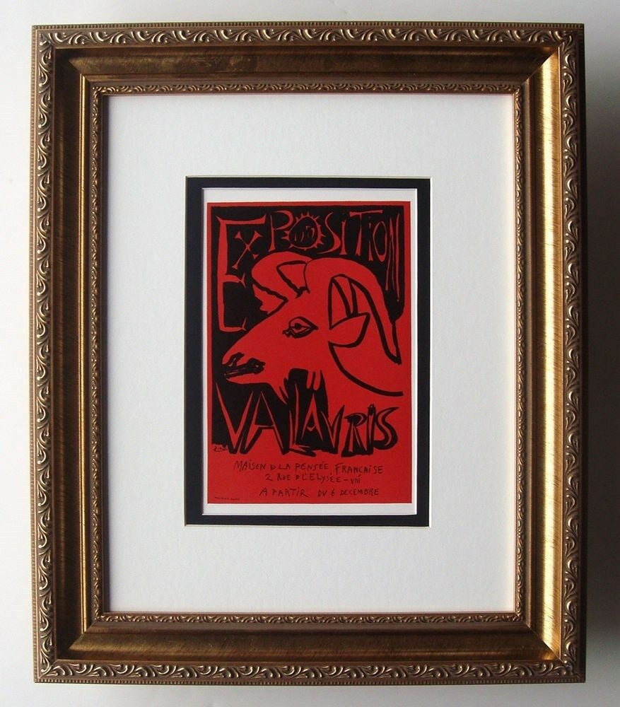 Pablo Picasso Exposition Vallauris 1952 1959 Lithograph Signed: Pablo Picasso. Exposition Vallauris 1952. Color Lithograph after the Original Poster. 1959. Signed in the plate. Sauret. Atelier Mourlot. Image Size 5 7/8 x 8 5/8 inches. Framed dimensions: