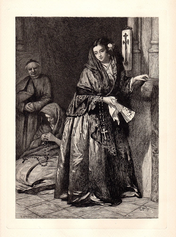 John Phillip Holy Water etching signed: John Phillip. (British, 1817-1867). Holy Water. Antique etching on laid paper after the original by master engraver George Woolliscroft Rhead (British, 1855-1920). 1887. Signed and dated in the plate