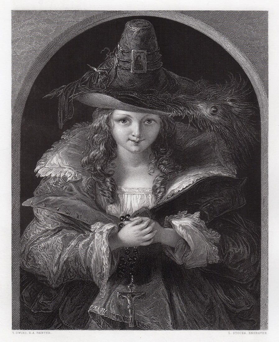 1849 Thomas Uwins Le Chapeau de Brigand engraving signed: Thomas Uwins. (English, 1782 - 1857). Le Chapeau de Brigand. Antique engraving on thick wove paper after the original oil paint on canvas by master engraver Lumb Stocks (British, 1812 - 1892). 1849.