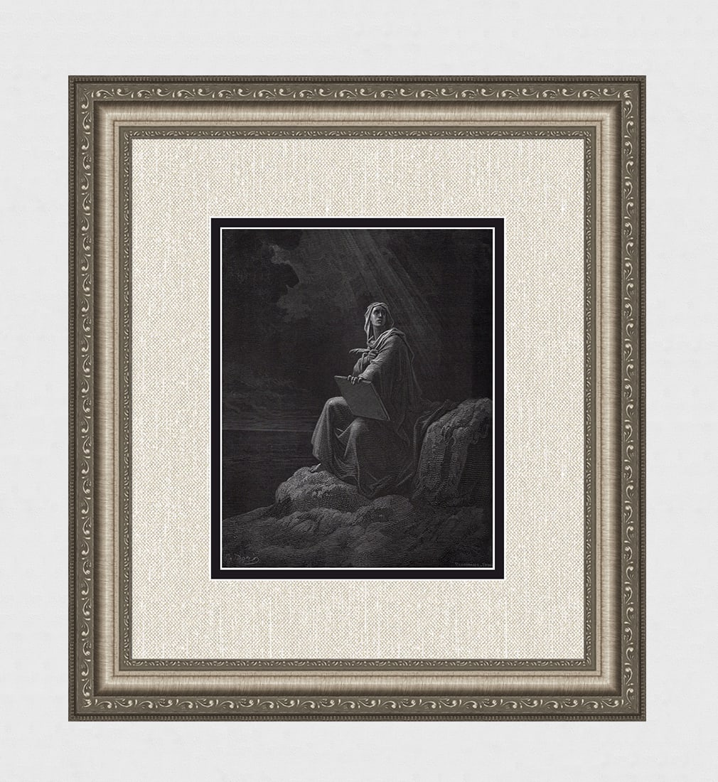 1800s GUSTAVE DORE SIGNED Wood Engraving John's Vision on Patmos FRAMED: Gustave Dore(Paul Gustave Louis Christophe Dore) (French, 1832-1883)Saint John at Patmos (from Dore's Bible). Antique Wood Engraving on wove paper executed by master wood engravers Adolphe Francois