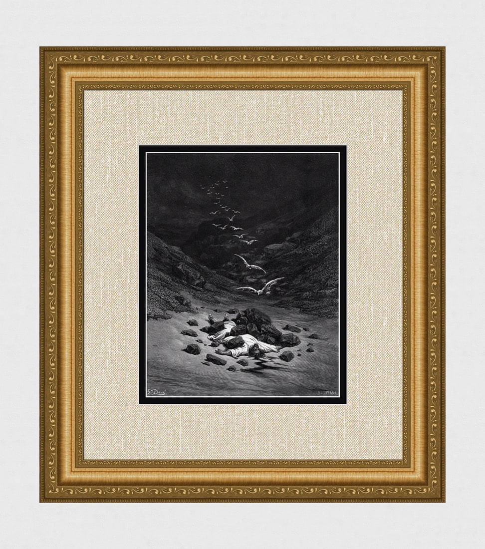 GUSTAVE DORE'S BIBLE 1800s Woodcut ACHAN IS STONES TO DEATH Framed Signed: Gustave Dore (Paul Gustave Louis Christophe Dore) (French, 1832-1883). The Stoning of Achan (from Dore's Bible). Antique woodcut wove paper after the original by a master wood engraver Heliodore