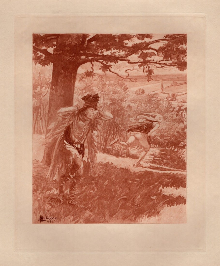 Edmond MALASSIS Limited NUDE Engraving RUNAWAY Signed FRAMED: Edmond Malassis (French, 1874 - 1944). Caught with your Pants Down II (Pris avec votre Pantalon Baiss? II) (Cent Nouvelles Nouvelles). Vintage copper plate engraving in red ink on Velin paper after