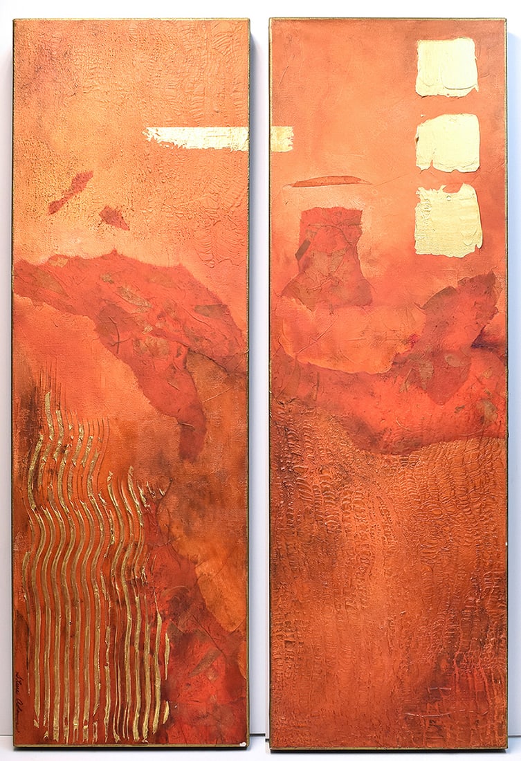 Steve Adams Original Diptych Desert Suns Paintings: Steve Adams. Desert Suns. Original Diptych (pair) of mixed media paintings on Canvas. Signed by the artist lower left. Canvas Size 12 x 36 inches (Each). ****These pieces will be shipped stretched.