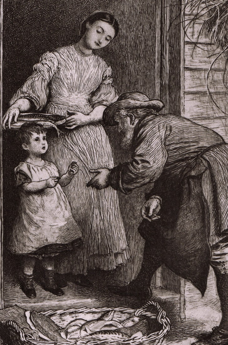 Frederick Walker 1889 etching The Fishmonger signed - 2