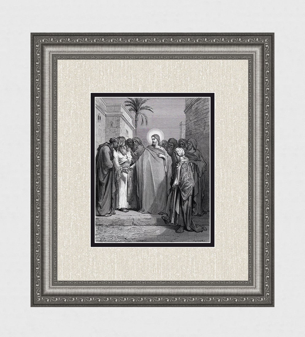 Gustave Dore 1800s Wood Engraving Christ & the Tribute Money FRAMED SIGNED: Gustave Dore(Paul Gustave Louis Christophe Dore) (French, 1832-1883). Christ and the Tribute Money (from Dore's Bible). Antique Wood Engraving on wove paper executed by master wood engraver Felix Jan 