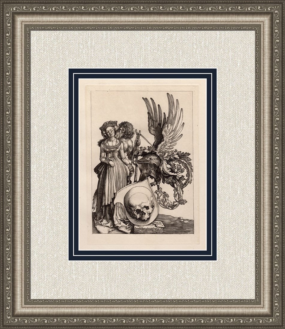 1879 Albrecht Durer Coat of Arms w/ Skull engraving signed (1 of 4)