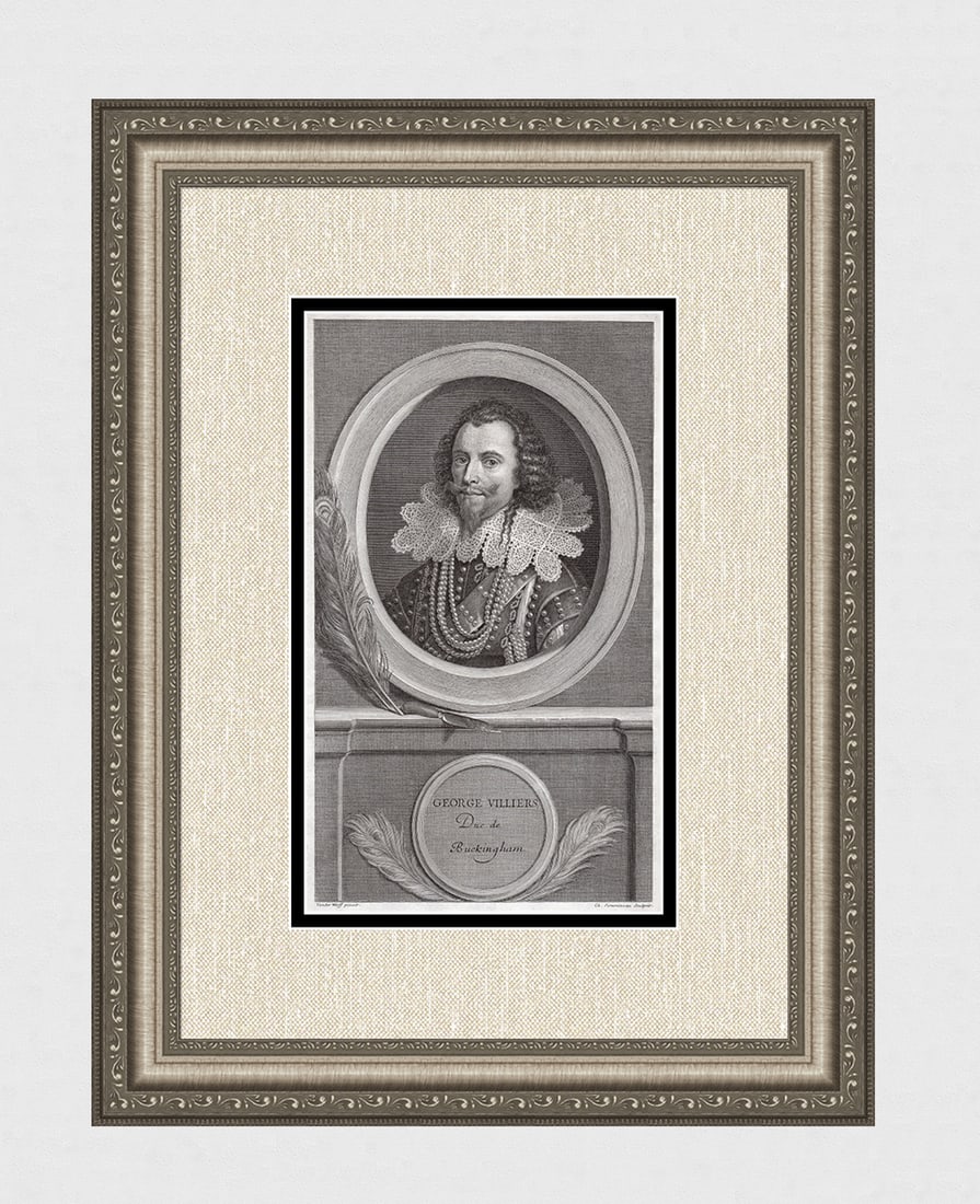 Adriaen van der Werff 1697 Engraving George Villiers Framed: Adriaen van der Werff (1659 - 1722). Portrait of George Villiers, 1st Duke of Buckingham. Antique engraving on wove paper after the original by master engraver Charles Louis Simmonneau (1645-1728). Ye