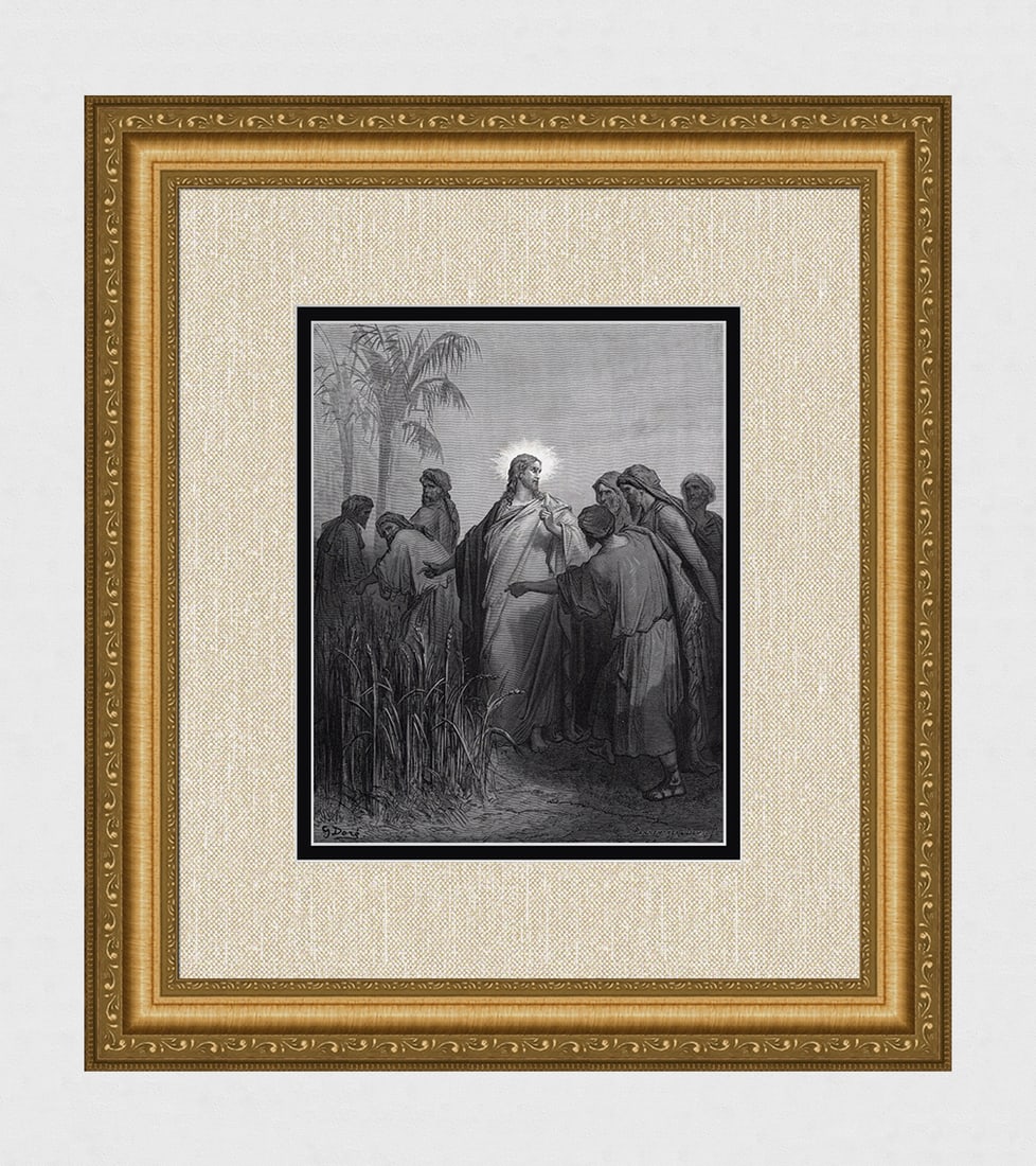 Gustave Dore 1800s Religious Woodcut "Jesus In the Corn-field" Signed Framed: Gustave Dore (Paul Gustave Louis Christophe Dore) (French, 1832-1883). Jesus and his Disciples in the Corn-Field (from Dore's Bible). Antique woodcut on wove paper after the original by master wood en