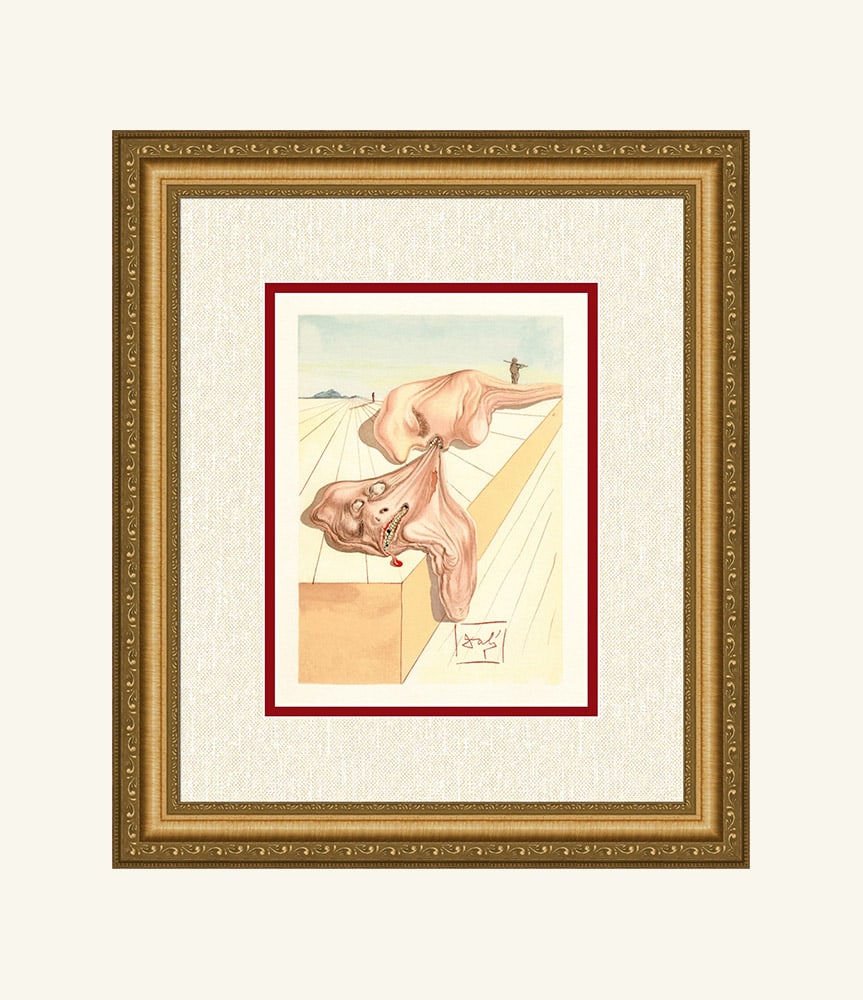 Salvador Dali Men Who Devour Each Other 1960 Woodcut Signed Framed: Salvador Dali. "The Men Who Devour Each Other" Enferno Chant 30. Authentic Original Color Woodcut from The Divine Comedy Printed in 1960 on B.F.K. Rives Paper ( this is not a reproduction, copy, or re