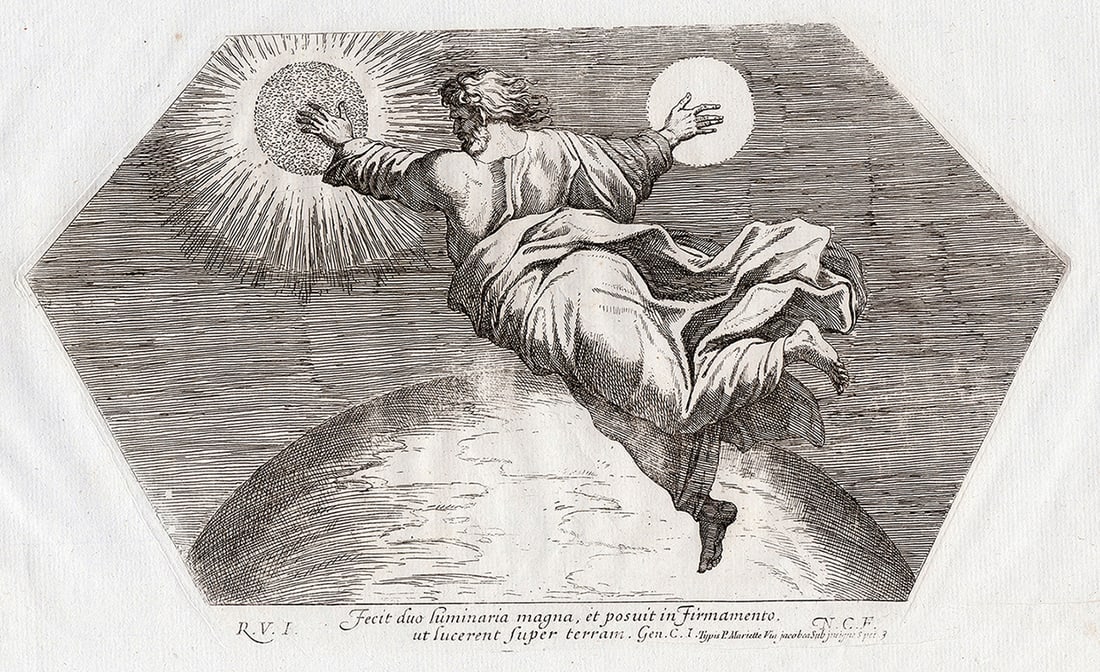 Raphael 1649 Engraving Vatican God Created the sun and the Moon (1 of 3)