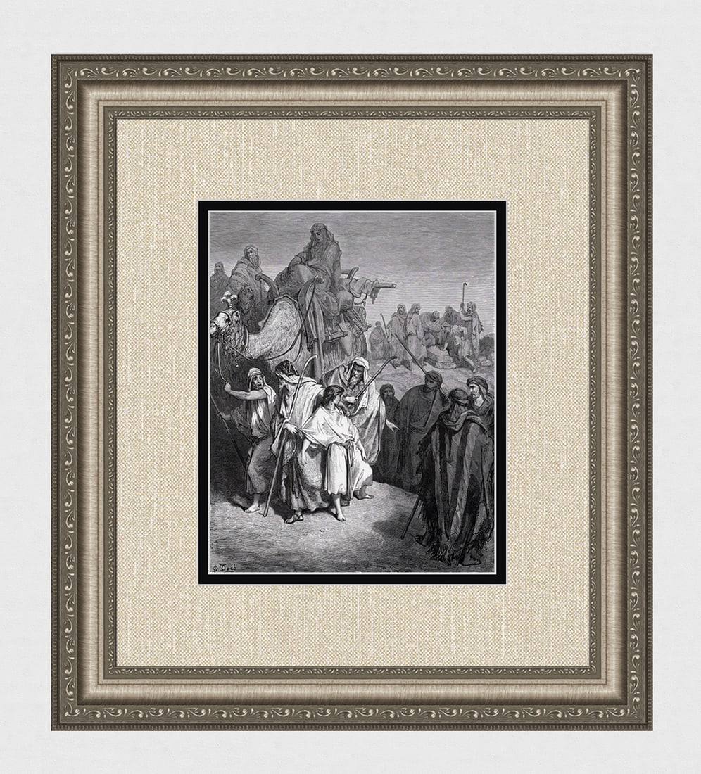 1800s Gustave DORE Biblical Woodcut Joseph Sold by His Brothers SIGNED FRAMED: Gustave Dore (Paul Gustave Louis Christophe Dore) (French, 1832-1883). Joseph Sold by his Brethren. Antique woodcut wove paper after the original by a master wood engraver W. Thomas (19th Century). Ye