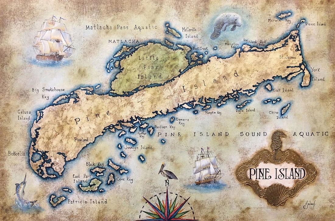 Original Julius Salazar Pine Island Map Gallery Painting 36 x 24 Inches: Julius Lira Salazar. "Pine Island Map" Original painting on canvas. Signed by the Artist. Canvas Size 36 x 24 inches. Born In Madre De Dios, Peru, In 1973, Julius Lira Salazar Comes From One Of The Po