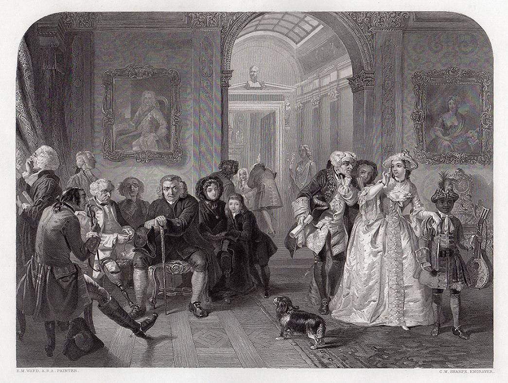 1853 Edward Matthew Ward Dr. Johnson in the Ante-Room of Lord Chesterfield engraving signed: Edward Matthew Ward. (English, 1816-1879). Dr. Johnson in the Ante-Room of Lord Chesterfield. Antique Engraving on wove paper after the original 1845 oil on canvas by master engraver Charles William S
