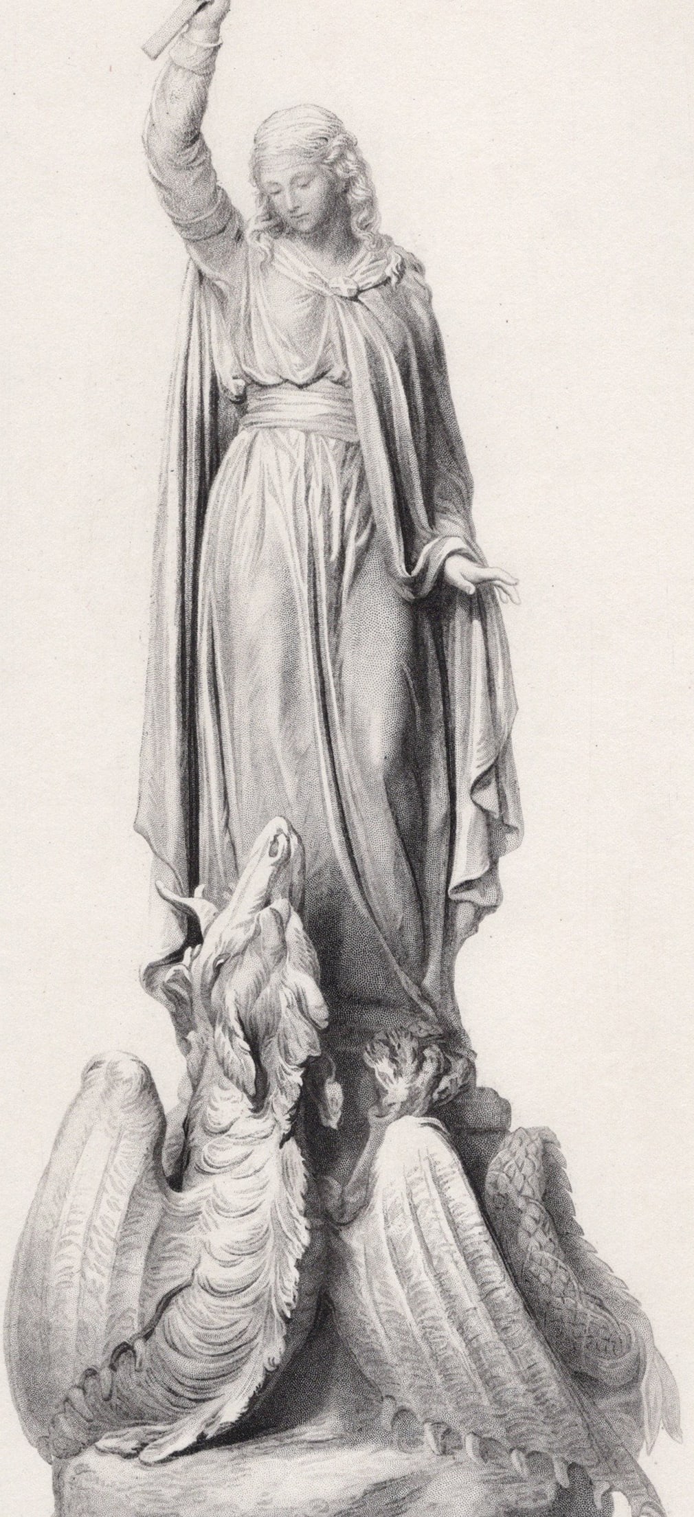 1800s MARY GRANT Engraving St Margarite beats the Devil Dragon Framed: Miss Mary Grant (British, 1831-1908). St Margarite and the Dragon. Antique engraving on wove paper after the original by master engraver George J Stodart (British, 1884-1890 c.fl.). Year: 1881. Image