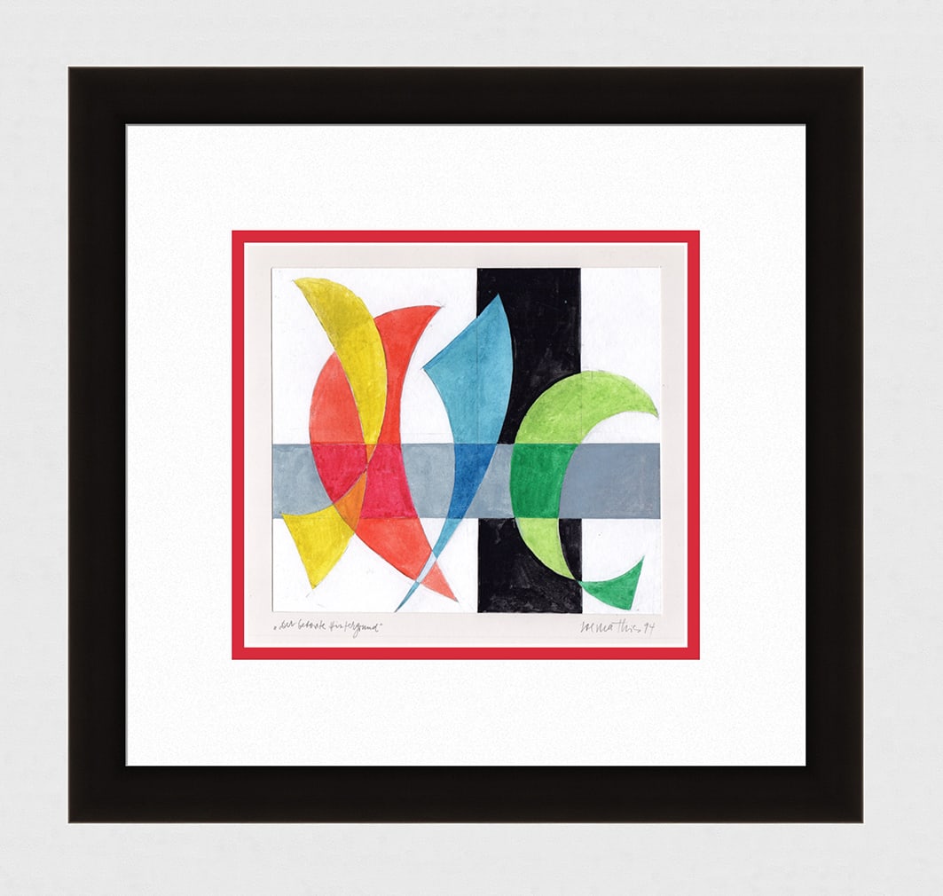 Mathis Original Gouache Colorfuls Arcs Framed Swiss: Josef Johann Mathis (Joe Mathis, 1913 - 2002; Swiss). The Dominant Background (Der betonte Hintergrund). Original Mixed Media Gouache on paper. Year: 1994. Hand signed and dated in pencil, lower
