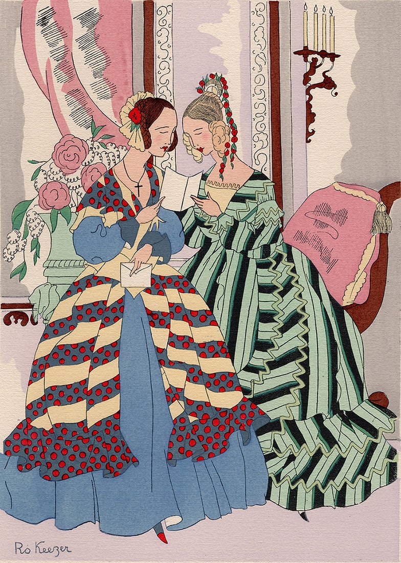 Ro KEEZER SIGNED Fashion Color Pochoir The Duet FRAMED: Rosa Sara (Ro) Keezer (Dutch, 1905 - 2003). Confidence. Vintage color pochoir on wove paper. Year: 1930. Signed in the plate, lower left. Image Size 7 1/4 x 10 1/8 inches. Framed Dimensions