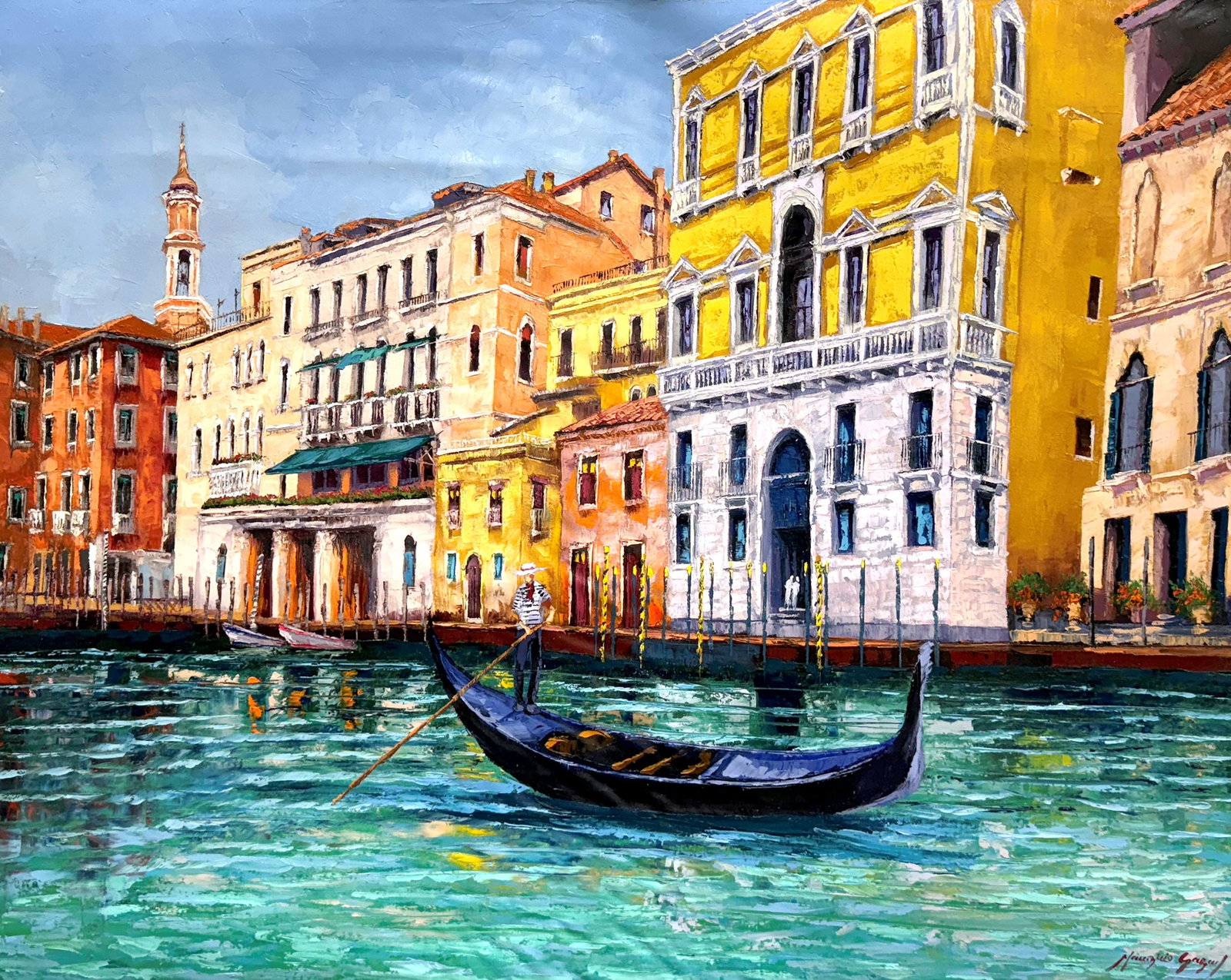Mauricio Garay Original Painting Venice Gondola 40 x 30 inches: Mauricio Garay. Venice Gondola. Original oil painting on canvas. Canvas Size 40 x 30 inches. Mauricio Garay began to arouse his interest in art at an early age, with some artistic guidance from his un