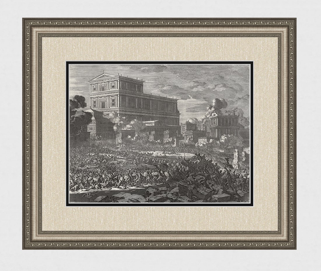 1747 Monumental Engraving Jan Luyken Pompey Captures Jerusalem Framed: Jan Luyken (Dutch, 1649 - 1712). Pompey's capture of the Temple of Jerusalem. Antique engraving on laid paper. Year: 1747. Publisher: Frans Houtteyn. Reference: Hollstein / Dutch and Flemish