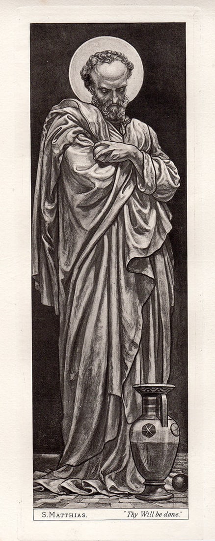 Frederic James Shields St. Matthias 1884 print: Frederic James Shields. (British, 1833-1911). St. Matthias. Antique heliogravure on thick laid paper after the original. 1884. Excellent. Image Size 3 1/4 x 10 3/4 inches. Approximately 12 x 20