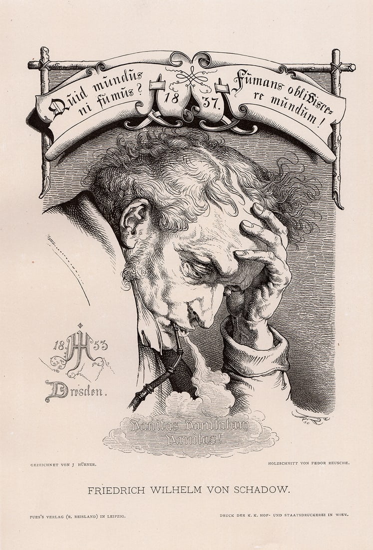 1887 Julius Hubner Friedrich Wilhelm Von Schadow woodcut signed: Julius Hubner (Rudolf Julius Benno Hubner)(German, 1806-1882). Friedrich Wilhelm Von Schadow. Antique woodcut on wove paper after the original drawing by Master Wood Engraver Fedor Reusche (1823-).