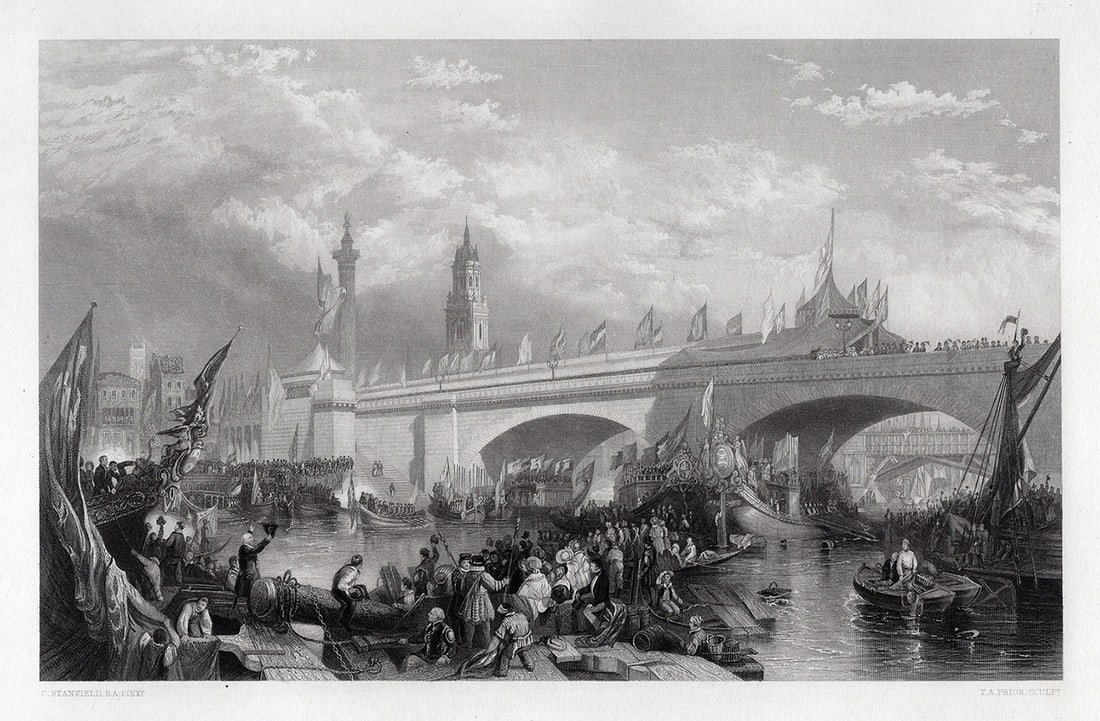 1800s Clarkson STANFIELD SIGNED Engraving View of the London Bridge FRAMED (1 of 3)