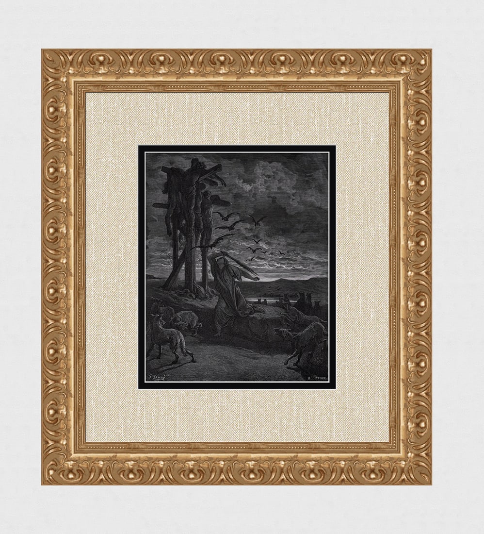 Gustave DORE 1800s Biblical Woodcut Respha's Kindness Framed Signed: Gustave Dore (Paul Gustave Louis Christophe Dore) (French, 1832-1883). Rizpah's Kindness unto the Dead (From Dore's Bibe). Antique woodcut wove paper after the original by a master wood engraver Helio