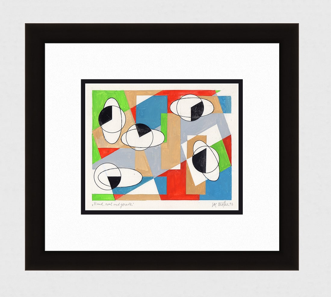 Mathis Original Gouache Round, Oval and Straigh Framed Swiss: Josef Johann Mathis (Joe Mathis, 1913 - 2002; Swiss). Round, Oval and Straigh (Rund, Oval und Gerad). Original Mixed Media Gouache on paper. Year: 1995. Hand signed and dated in pencil, lower right. T