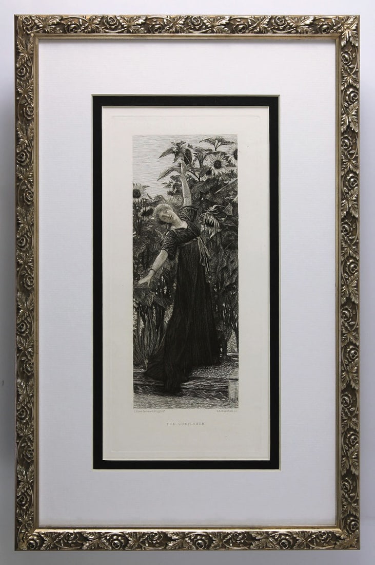 Lawrence Alma Tadema 1878 etching Sunflowers signed: Lawrence Alma-Tadema (Dutch, 1836 - 1912). Sunflowers. Antique Hand pulled copper plate etching, after the original oil on panel by Master Engraver Leopold Lowenstam (Dutch, 1842 - 1898). 1878. Signed